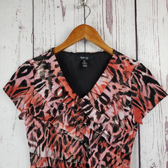 Style & Co. Blouse Womens Size Medium Petite V Neck Layered Animal Print Red - Picture 2 of 6